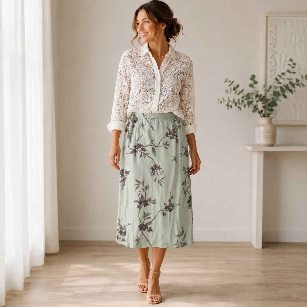 Vintage Chelsea Campbell Silk Midi Skirt Size 14 Sage Green Floral Feminine